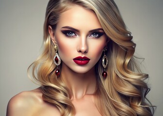 Fototapeta premium Vibrant blonde model with luscious locks, plump lips, and radiant complexion showcases elegant earrings against a pristine white background, epitomizing beauty and skincare excellence.