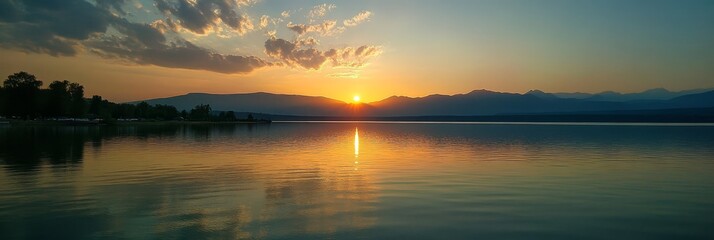 Obraz premium Serene Sunset Over Calm Lake With Mountain Range In Background - A picturesque sunset over a tranquil lake, the golden light reflecting on the water, creating a serene and peaceful atmosphere, with th