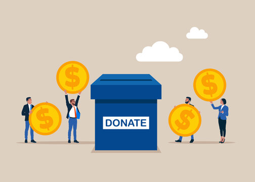 Donation Box with business people and money. Charity donation funding. Modern vector illustration in flat style