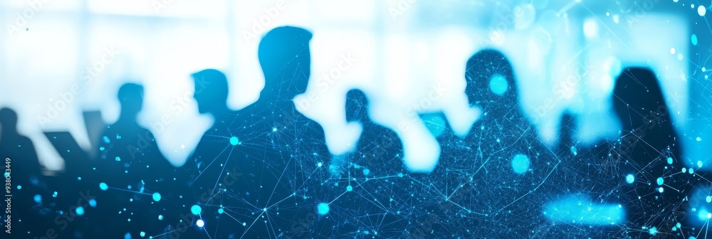 Aufkleber silhouettes of people connected by abstract network - a group of people in silhouette are connected 