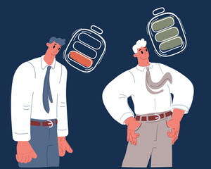 Cartoon vector illustration of Man with an empty and a full battery, exhausted by stress against healthy positive lifestyle, work life balance