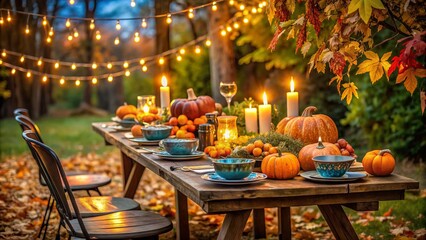 Obraz premium Vibrant blue autumn leaves and twinkling string lights adorn a rustic outdoor Thanksgiving dinner table, set with pumpkins, candles, and a bountiful harvest feast.