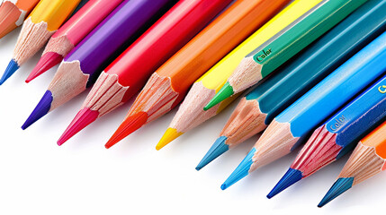Fototapeta premium Diagonal Row of Multicolored Pencils on Isolated White Background. Back-to-School Essentials: Colorful Pencils