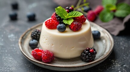 A rich, creamy panna cotta topped with fresh berries and a sprig of mint