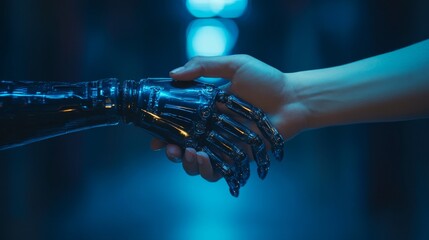 Handshake of robot and human hands on a clean dark background