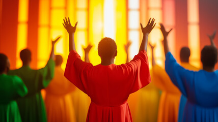 Vibrant gospel choir dressed in bright robes singing with hands lifted in a classic church setting colorful stained-glass windows warm sunlight creating a heavenly glow 