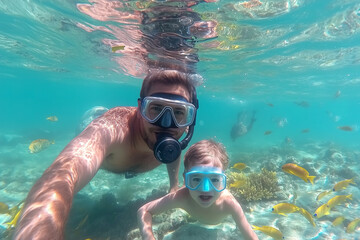 Naklejka premium Father and son snorkeling together in crystal clear turquoise waters, surrounded by vibrant yellow fish and coral reefs, joyful underwater adventure.