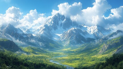 Fototapeta premium A panoramic view of a mountain range with snow-capped peaks and verdant valleys, illustrating pristine wilderness. 