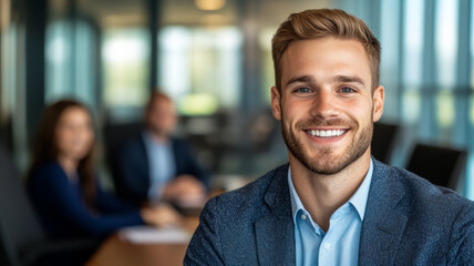 Obraz premium Young Caucasian man in business casual attire smiling directly at the camera while sitting at a conference table with blurred coworkers in the background 