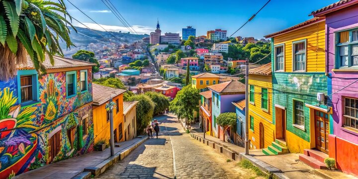 Vibrant Cerro Alegre neighborhood in Valpara&iacute;so, Chile, showcases colorful alleys, street art, and eclectic graffiti, attracting tourists to this charming urban hub.