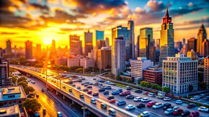 Naklejka premium Vibrant cityscape at sunset with blurred background and sharp, miniaturized cars and buildings, emphasizing monumental architecture and bustling urban activity.