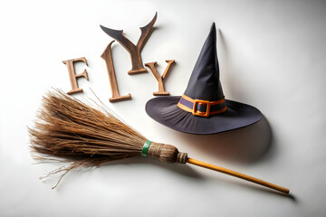 Witchs Broom and Hat with Fly Text concept as An isolated vector featuring a witchs broom and hat with the word Fly in a whimsical font. The elements are set against a white background perfect for Hal