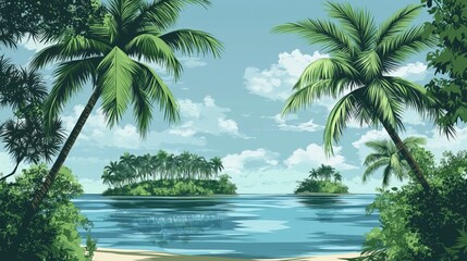 Fototapeta premium A scenic view of a tropical island with palm trees, lush vegetation, and a clear blue sky. The water is calm and clear, reflecting the sky and clouds.
