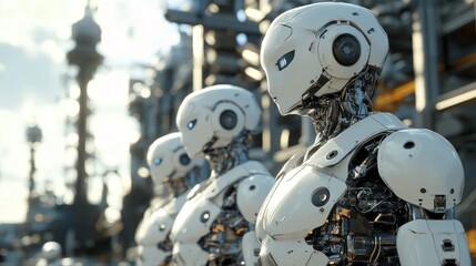 Fototapeta premium humanoid robots in front of a factory floor background,