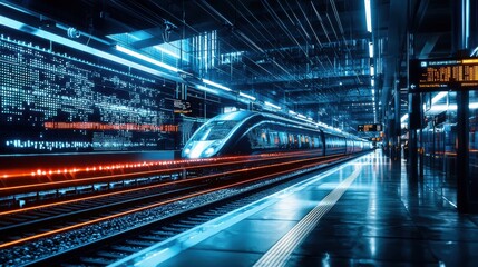 A futuristic train station where AI manages the entire transit system, with holographic displays showing real-time schedules, passenger flow, and platform updates