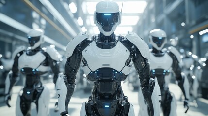 humanoid robots in front of a factory floor background,