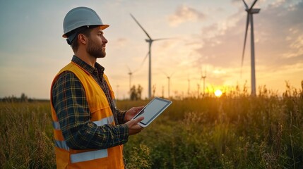 An engineer with a tablet against the backdrop of wind turbines