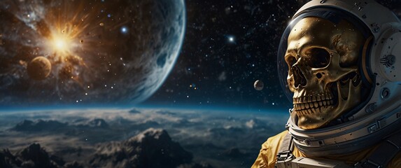 Dark Futuristic Spaceship Soars Over Earth, Accompanied by UFO, Astronaut, and Sinister Robot Cyborg in Isolated Space Scene with Skulls, Stars, and Alien Presence