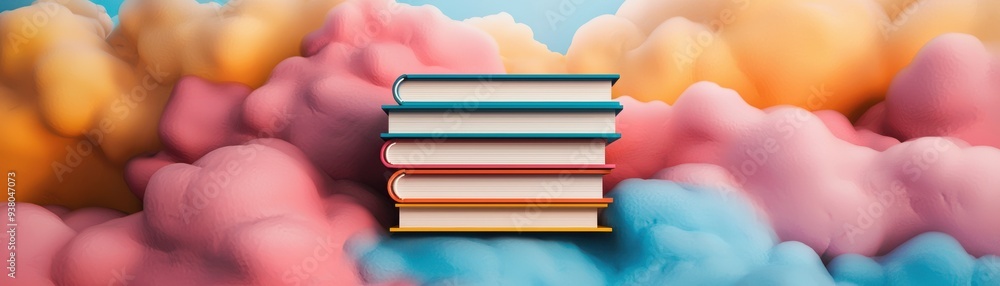 Poster a stack of colorful books resting on fluffy clouds, creating a whimsical and imaginative scene perfe