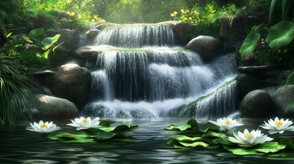 Tranquil Waterfall and Lotus Flowers in a Lush Garden - A serene waterfall cascades down rocks into a pond, surrounded by lush greenery and blooming white lotus flowers, symbolizing peace, tranquility