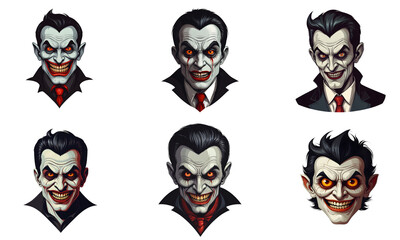 Set of cartoon horror vampire character faces. vector illustration of evil vampire smile scary circus monsters. White background. 