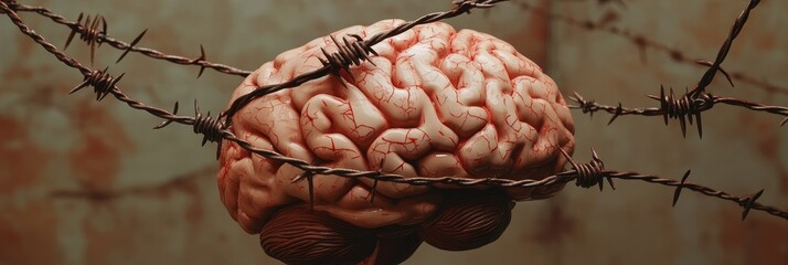 Trapped Mind: A Metaphor for Mental Restraint - A human brain entangled in barbed wire, symbolizing mental limitations, captivity, oppression, and the struggle for freedom.