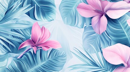 Tropical Floral Background with Pink Flowers and Blue Leaves - A vibrant tropical floral background featuring pink flowers and blue leaves, symbolizing summer, nature, beauty, paradise, and serenity.
