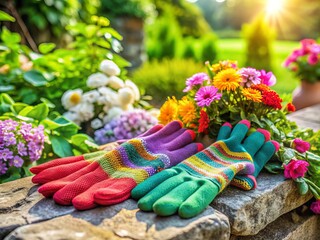 Vibrant colorful gardening gloves, freshly washed and laid out to dry, adorn a stone surface surrounded by lush greenery and blooming flowers in natural light.