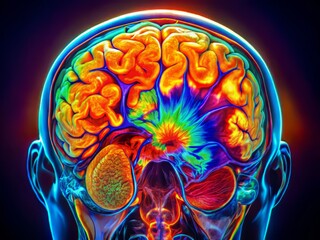 Brain scan meningitis diagnosis MRI scan bright colors bold composition striking shapes high contrast subtle lighting intriguing patterns abstract forms medical drama