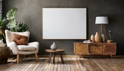 Poster, wall mockup in interior background with old grunge furniture, 3d render