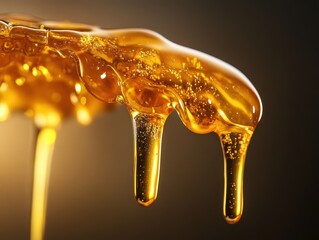 Close-Up of Golden Honey Dripping with Sparkling Highlights Against a Dark Background