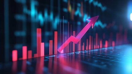 Fototapeta premium Upward Trend, Financial Growth and Success - A red arrow rising above a financial graph, symbolizing growth, success, positive trend, and investment profitability.