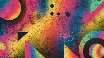 Fototapeta premium Vibrant Abstract Art With Rainbow Gradients, Metallic Geometric Shapes, And Textured Noise Effects, Colorful Abstract Wallpaper With Triangle/Circle/Square Shapes And Rainbow Patterns Noisy Grain.