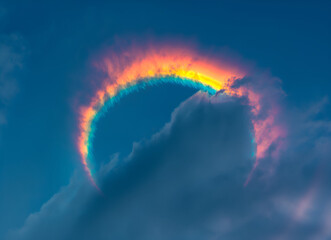 A remarkable rainbow displays an iridescent glow, wrapping around dark clouds during sunset, illuminating the sky with its vibrant hues and creating a magical natural spectacle.