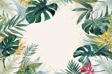 Tropical palm and monstera leaves. Hand drawn watercolor botanical illustration. Template, frame isolated from the background. AI generated