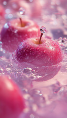 The image features a close-up of a fresh pink apple with water droplets, floating in a pool of water. The vibrant colors and reflections create a soft