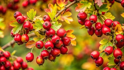 Obraz premium Vibrant Crimson Haws And Lush Green Leaves Adorn The Branches Of A Hawthorn Plant In Full Autumn Glory.