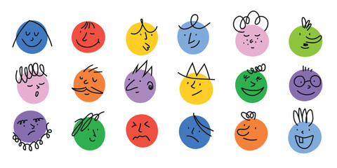 Round abstract comic faces with different emotions. Set of vector emoticons. Pencil drawing style. Various colorful characters.  Flat design.  © Loya.art
