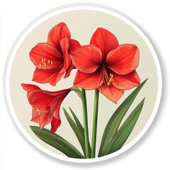 Sticker of an amaryllis in circle shape, flat vector illustration, on white background, digital sticker, clipart, icon 
