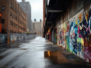 Fototapeta premium Urban Alleyway with Colorful Graffiti and Wet Pavement on a Rainy Day in the City