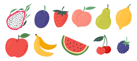 Natural hand drawn fruits and berries. Apple, peach, lemon, cherry, watermelon, banana, pitaya, plum, blackberry, pear, strawberry. Vector illustration