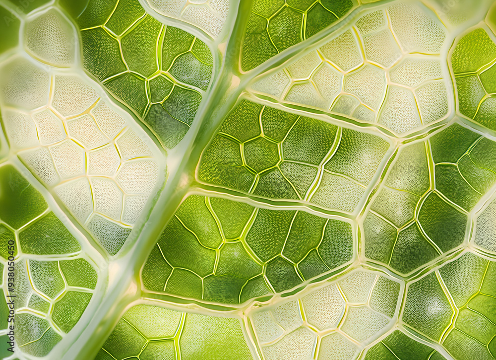 Poster a vibrant green leaf displays a beautiful pattern of interconnected cells, highlighting the intricat