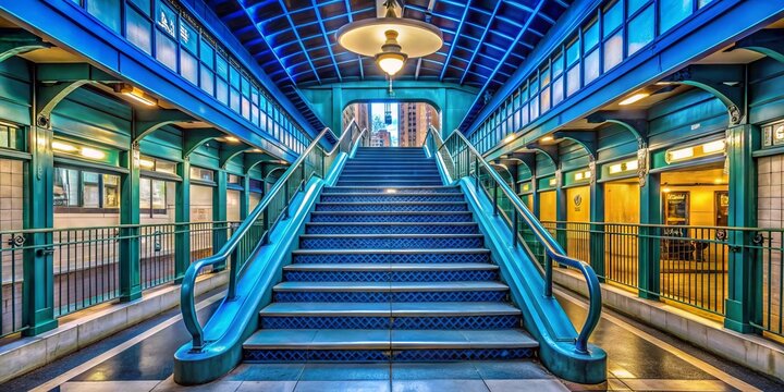 Vibrant entrance to the 116th Street subway station in Upper Manhattan, featuring a bright blue sign and stairs leading down to the bustling train platform.