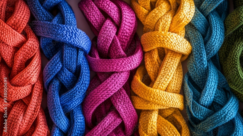 Poster a vibrant display of colorful braided ropes. these eye-catching strands showcase intricate textures 