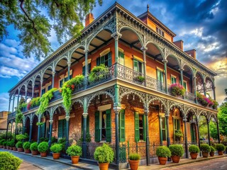 Fototapeta premium Vibrant exterior of a historic museum in New Orleans, Louisiana, showcasing eclectic architectural style, ornate ironwork, and mysterious atmosphere, surrounded by lush greenery.
