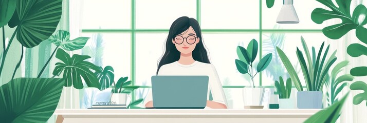 Woman Working on Laptop in Home Office with Greenery - A woman wearing glasses and a white shirt sits at a desk, working on her laptop. The desk is surrounded by lush green plants, symbolizing nature,