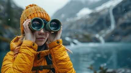 Adventurous young girl using binoculars to gaze at breathtaking Alaskan fjord scenery