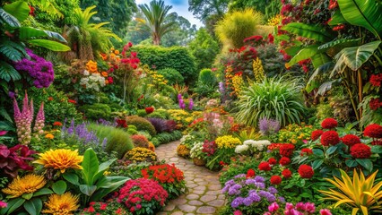 Fototapeta premium Vibrant flowers, lush greenery, and exotic foliage thrive together in a lush garden, showcasing nature's beauty and diversity in a kaleidoscope of colors and textures.
