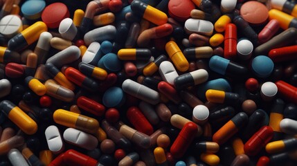 Close-up of colorful pills and capsules spread out