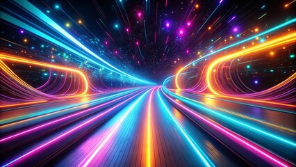 Naklejka premium Vibrant glowing neon trail streaks across a dark abstract background, creating a futuristic, dynamic, and mesmerizing visual effect, perfect for technology and innovation concepts.